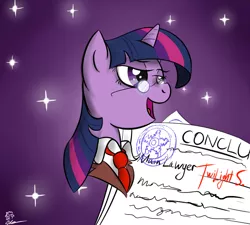 Size: 1000x900 | Tagged: artist:darthagnan, clothes, derpibooru import, female, glasses, lawyer, mare, necktie, safe, solo, suit, twilight sparkle