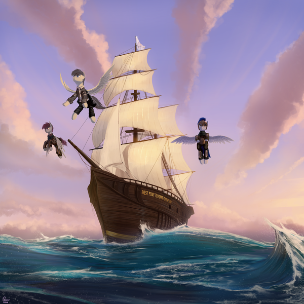 Size: 2560x2560 | Tagged: safe, artist:quvr, derpibooru import, oc, pegasus, pony, fanfic, commission, cover, equestrian flag, fanfic art, fanfic cover, flag, flying, male, ocean, outdoors, sailship, ship, the stern was fat, water, wave