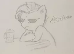 Size: 1545x1137 | Tagged: safe, artist:lucky dragon, derpibooru import, oc, oc:just cause, unofficial characters only, earth pony, pony, alcohol, beer, ear piercing, female, grumpy, jewelry, mare, mug, piercing, signature, traditional art