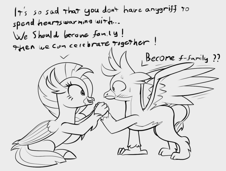 Size: 1273x967 | Tagged: safe, artist:foal, derpibooru import, gallus, silverstream, classical hippogriff, gryphon, hippogriff, blushing, cute, dialogue, diastreamies, duo, female, friendshipping, gallabetes, gallstream, male, misunderstanding, monochrome, spread wings, text, wingboner, wings