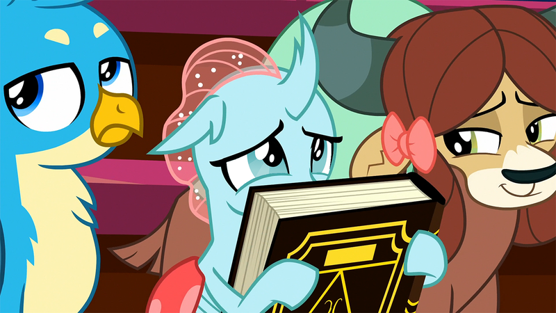 Size: 1280x720 | Tagged: a matter of principals, book, derpibooru import, edit, gallus, ocellus, pony eyes, pony eyes edit, safe, screencap, smiling, smirk, yona