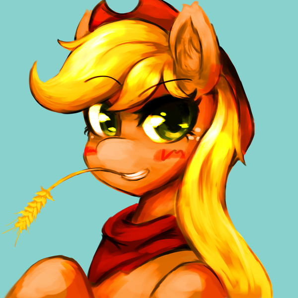 Size: 1200x1200 | Tagged: safe, artist:kunshomos-art, derpibooru import, applejack, earth pony, pony, bandana, blue background, cowboy hat, female, hat, looking at you, mare, neckerchief, simple background, solo, straw in mouth