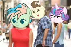 Size: 2500x1667 | Tagged: coral currents, derpibooru import, distracted boyfriend meme, edit, female, infidelity, male, meme, pound cake, poundflurry, princess flurry heart, safe, shipping, straight, the hearth's warming club