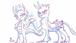 Size: 1920x1080 | Tagged: safe, artist:jowybean, derpibooru import, gallus, smolder, dragon, gryphon, female, fist bump, male, monochrome