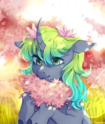 Size: 1435x1700 | Tagged: safe, artist:kottonashi, derpibooru import, oc, oc:sakura, unofficial characters only, changeling, pony, changeling oc, cherry blossoms, curved horn, digital art, female, flower, flower blossom, flower in hair, mare, signature, solo, ych result