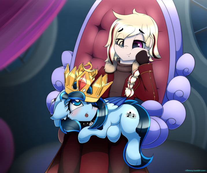 Size: 4176x3500 | Tagged: safe, artist:n0nnny, derpibooru import, oc, oc:sky streak, unofficial characters only, human, pegasus, pony, blush sticker, blushing, braid, clothes, commission, crown, female, gloves, jewelry, looking up, mare, open mouth, regalia, smiling, throne, throne room, throne slouch