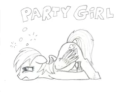 Size: 1147x858 | Tagged: safe, artist:friendshipishorses, derpibooru import, rainbow dash, pony, alcohol, atg 2018, bottle, drunk, drunk bubbles, drunker dash, monochrome, newbie artist training grounds, solo, traditional art