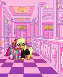 Size: 500x603 | Tagged: safe, artist:lisaloudleijon, derpibooru import, applejack, pinkie pie, pony, pony town, applepie, female, kissing, lesbian, pixel art, shipping