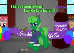 Size: 1003x727 | Tagged: safe, artist:limedreaming, derpibooru import, oc, oc:lime dream, unofficial characters only, unicorn, fallout equestria, balloon, banner, bottle, clothes, door, factory, grand opening, happy, magic, manager, microphone, older, shears, sparkle cola, window