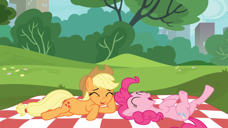 Size: 1193x670 | Tagged: safe, derpibooru import, editor:lisaloudleijon, applejack, pinkie pie, earth pony, pony, applejack's hat, applepie, cowboy hat, duo, female, hat, lesbian, manehattan, mare, mlp:castle of darkness, park, picnic, picnic blanket, shipping