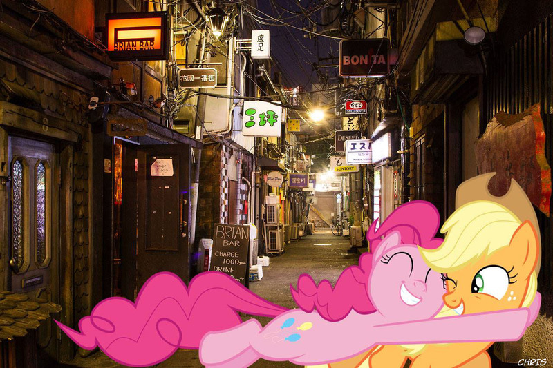 Size: 1280x853 | Tagged: safe, derpibooru import, editor:lisaloudleijon, applejack, pinkie pie, pony, applepie, female, hug, irl, japan, lesbian, photo, ponies in real life, real life background, shipping