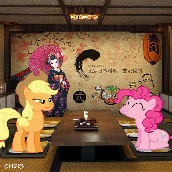 Size: 640x640 | Tagged: applejack, applepie, artist:lisaloudleijon, artist:lisaloudleijon/chris niimi, derpibooru import, eating, editor:lisaloudleijon, female, food, japan, lesbian, pinkie pie, real life background, safe, shipping, sushi, tokyo