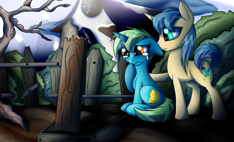 Size: 2800x1700 | Tagged: artist:elmutanto, blue coat, blue mane, brush, bush, cemetery, cutie mark, dead tree, derpibooru import, fluffy tail, grave, implied death, lime hair, map, oc, oc:lucky road, oc:marble oats, orange eyes, peach coat, pencil, planks, post-discord equestria, ruins, safe, tree, unofficial characters only, visiting graves, wasabi hair