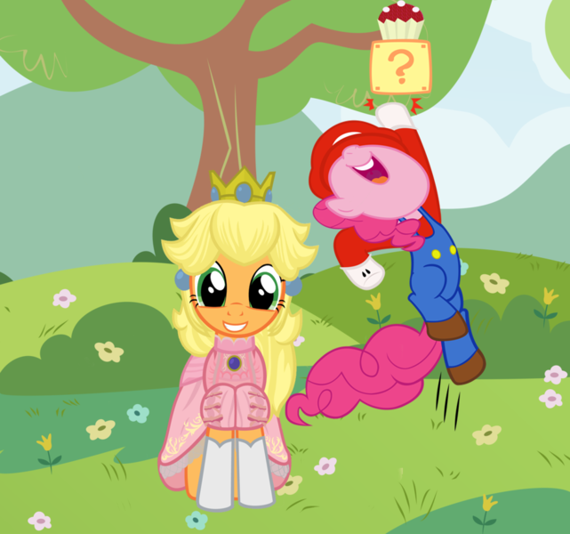 Size: 948x888 | Tagged: applejack, applejack also dresses in style, applepie, clothes, cosplay, costume, cute, derpibooru import, editor:lisaloudleijon, female, mario, mario pie, mariopie, pinkie pie, princess applejack, princess peach, safe, shipping, super mario bros.