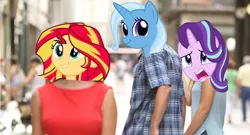 Size: 1134x614 | Tagged: safe, derpibooru import, edit, starlight glimmer, sunset shimmer, trixie, equestria girls, distracted boyfriend meme, female, infidelity, lesbian, shipping, startrix, suntrix