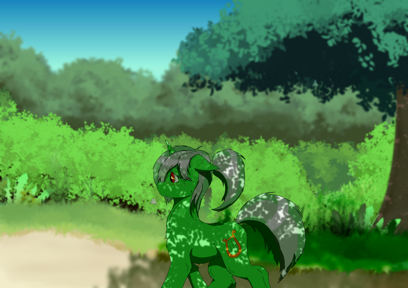 Size: 3508x2480 | Tagged: safe, artist:kpvt, derpibooru import, lyra heartstrings, pony, unicorn, bush, cutie mark, dappled sunlight, female, floppy ears, forest, mare, ponytail, solo, tail, tree, walking