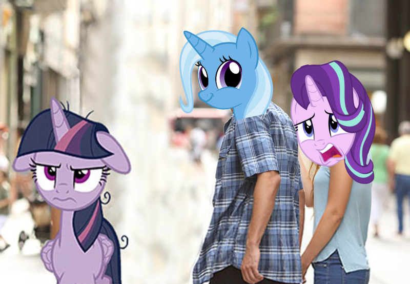 Size: 1140x790 | Tagged: safe, derpibooru import, edit, starlight glimmer, trixie, twilight sparkle, twilight sparkle (alicorn), alicorn, distracted boyfriend meme, female, floppy ears, infidelity, lesbian, shipping, startrix, twixie