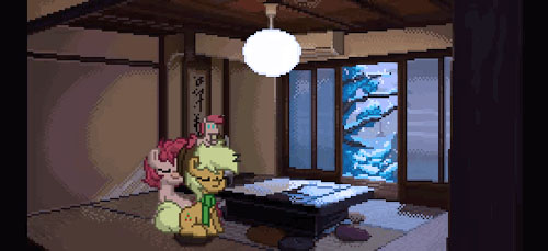 Size: 500x229 | Tagged: safe, artist:lisaloudleijon, derpibooru import, applejack, pinkie pie, pony, pony town, applepie, cute, female, japan, lesbian, pixel art, shipping, sleeping, winter