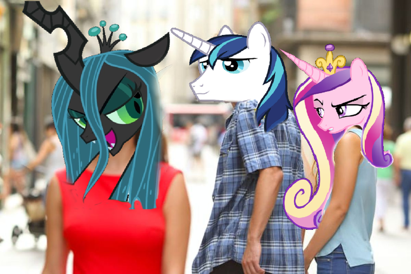 Size: 1024x683 | Tagged: artist:brandonale, derpibooru import, distracted boyfriend meme, edit, female, infidelity, male, princess cadance, queen chrysalis, safe, shining armor, shiningcadance, shining chrysalis, shipping, straight