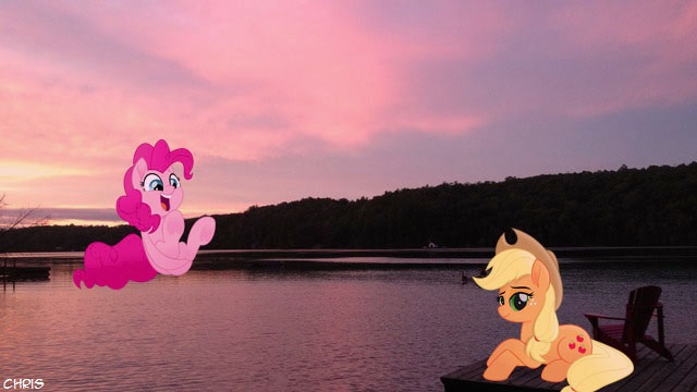 Size: 640x360 | Tagged: applejack, applepie, canada, cute, derpibooru import, editor:lisaloudleijon, female, lake, lesbian, pinkie pie, real life background, safe, shipping