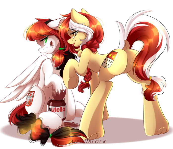 Size: 3135x2691 | Tagged: questionable, artist:airiniblock, derpibooru import, oc, oc:colonia, oc:louisa, unofficial characters only, earth pony, pegasus, pony, braid, featureless crotch, food, nutella, rcf community, simple background, transparent background