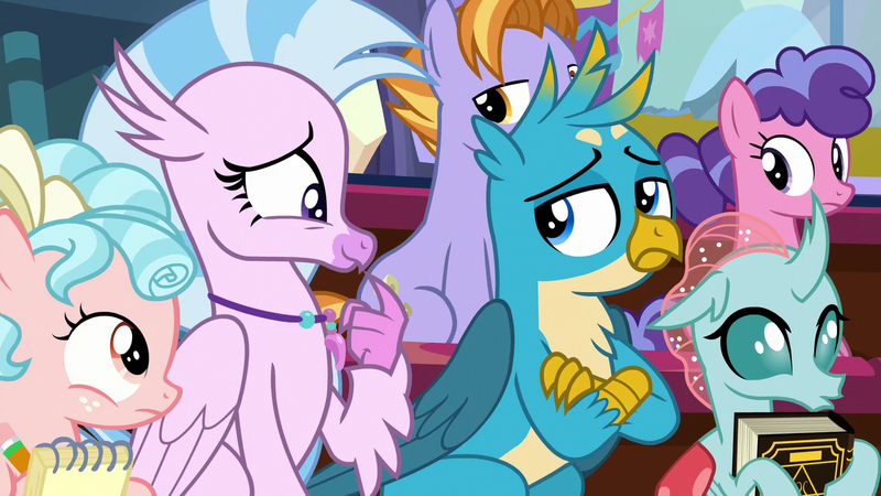 Size: 1280x720 | Tagged: safe, derpibooru import, screencap, auburn vision, berry blend, berry bliss, cozy glow, gallus, ocellus, silverstream, pegasus, pony, a matter of principals, female, filly, friendship student