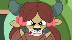 Size: 1280x720 | Tagged: a matter of principals, angry, bow, cloven hooves, cute, derpibooru import, energetic, female, floppy ears, gritted teeth, hair bow, madorable, monkey swings, safe, screencap, solo, yak, yona, yonadorable