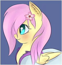 Size: 826x876 | Tagged: artist:brok-enwings, bathrobe, blue background, blushing, clothes, cute, derpibooru import, flower, flower in hair, fluttershy, robe, safe, shyabetes, simple background, smiling, solo, wet mane