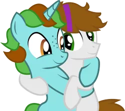 Size: 1661x1473 | Tagged: safe, artist:electrochoc, derpibooru import, oc, oc:light reel, earth pony, pony, unicorn, freckles, gay, hug, male, simple background, transparent background, vector