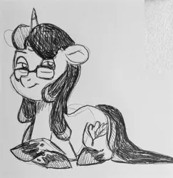 Size: 1227x1262 | Tagged: safe, artist:mutterbutter, artist:smirk, derpibooru import, oc, oc:quillian b. inkheart, oc:quillian inkheart, unofficial characters only, pony, unicorn, cutie mark, doodle, glasses, image, jpeg, monochrome, pen, sketch, solo, splotches, traditional art, two toned mane