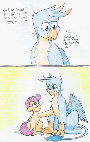 Size: 2001x3175 | Tagged: safe, artist:flicker-show, derpibooru import, gallus, scootaloo, gryphon, pegasus, pony, the hearth's warming club, comic, crying, dialogue, empathy, feels, female, filly, friendship, good end, hilarious in hindsight, orphan, sad, sympathy, traditional art, wholesome