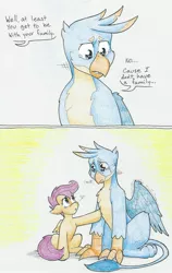 Size: 2001x3175 | Tagged: safe, artist:flicker-show, derpibooru import, gallus, scootaloo, gryphon, pegasus, pony, the hearth's warming club, comic, crying, dialogue, empathy, feels, female, filly, friendship, good end, hilarious in hindsight, orphan, sad, sympathy, traditional art, wholesome