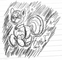 Size: 1465x1418 | Tagged: apple bloom, artist:binkyt11, astronaut, atg 2018, derpibooru import, female, filly, lined paper, monochrome, newbie artist training grounds, safe, solo, space, spacesuit, stars, traditional art