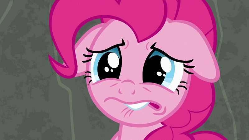 Size: 1280x720 | Tagged: safe, derpibooru import, screencap, pinkie pie, pony, rock solid friendship, faic, female, floppy ears, lip bite, sad, solo