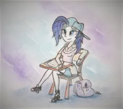 Size: 870x773 | Tagged: safe, artist:brogararts, derpibooru import, rarity, equestria girls, friendship university, backpack, backwards ballcap, baseball cap, cap, clothes, converse, crossed legs, cute, denim shorts, desk, equestria girls interpretation, hat, plainity, scene interpretation, shoes, shorts, smiling, socks, solo, traditional art, untied shoes