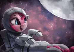 Size: 3600x2550 | Tagged: safe, artist:vanillaghosties, derpibooru import, pinkie pie, earth pony, pony, astronaut, astronaut pinkie, atg 2018, moon, newbie artist training grounds, open mouth, planet, solo, space, spacesuit, stars