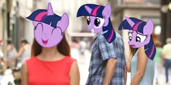 Size: 1135x567 | Tagged: derpibooru import, distracted boyfriend meme, distraction, female, human, infidelity, lesbian, multeity, narcissism, safe, selfcest, self ponidox, shipping, subverted meme, twilight sparkle, twitwi, twolight