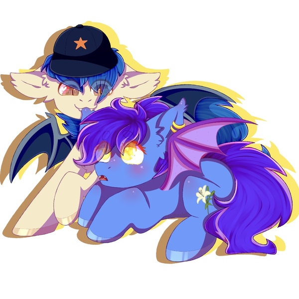 Size: 1003x1003 | Tagged: safe, artist:etoz, derpibooru import, oc, oc:evening lily, oc:moonshot, bat pony, baseball cap, bat pony oc, cap, ear bite, ear piercing, eveshot, gasp, hat, piercing