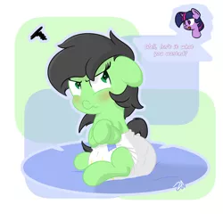 Size: 1280x1270 | Tagged: suggestive, artist:zalakir, derpibooru import, twilight sparkle, oc, oc:anonfilly, adoranon, angry, blushing, crossed legs, cute, dialogue, diaper, diaper fetish, female, fetish, filly, foal, poofy diaper, pouting, scrunchy face, sitting, solo focus