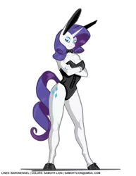 Size: 2551x3300 | Tagged: suggestive, artist:baron engel, artist:samoht-lion, derpibooru import, rarity, anthro, unguligrade anthro, unicorn, bedroom eyes, big breasts, bow, breasts, bunny ears, bunny suit, busty rarity, cleavage, clothes, crossed arms, cuffs (clothes), curvy, cutie mark, eyeshadow, female, hourglass figure, legs, leotard, looking at you, makeup, mare, nail polish, pinup, playboy bunny, shoes, simple background, smiling, smirk, solo, solo female, white background