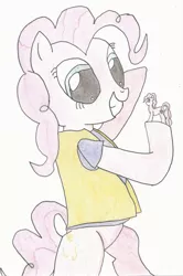 Size: 1592x2392 | Tagged: artist:deluxeflame, bipedal, clothes, derpibooru import, figurine, holding, pinkie pie, safe, smiling, solo, toy, traditional art, vest, walmart