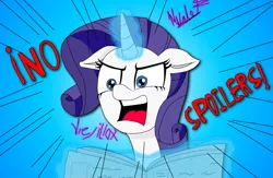 Size: 2653x1728 | Tagged: safe, artist:viejillox64art, derpibooru import, rarity, pony, unicorn, the saddle row review, angry, female, glowing horn, gradient background, inverted exclamation mark, levitation, magic, mare, newspaper, no spoilers, open mouth, solo, telekinesis, yelling