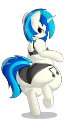 Size: 2160x3840 | Tagged: suggestive, alternate version, artist:andelai, derpibooru import, vinyl scratch, pony, semi-anthro, unicorn, bedroom eyes, black underwear, bra, bra on pony, chubby, clothes, cutie mark, dock, female, large butt, lifted leg, looking at you, mare, panties, plot, simple background, smiling, solo, solo female, sports bra, standing, standing on one leg, standing up, the ass was fat, transparent background, underhoof, underwear, vinyl ass, wide hips, ych result