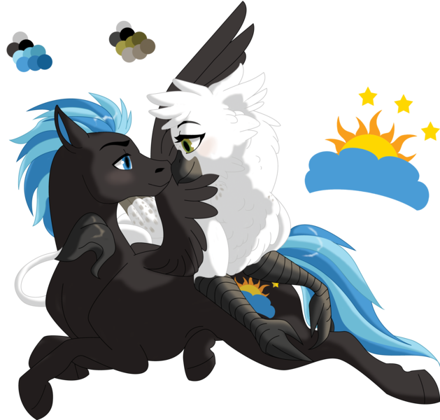 Size: 8186x7812 | Tagged: safe, artist:elusiveconqueror, derpibooru import, oc, oc:jacquelyn, oc:nimbus, unofficial characters only, gryphon, pegasus, pony, absurd resolution, female, interspecies, male, nuzzling, prone, simple background, stallion, straight, transparent background