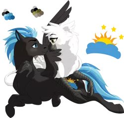 Size: 8186x7812 | Tagged: safe, artist:elusiveconqueror, derpibooru import, oc, oc:jacquelyn, oc:nimbus, unofficial characters only, gryphon, pegasus, pony, absurd resolution, female, interspecies, male, nuzzling, prone, simple background, stallion, straight, transparent background