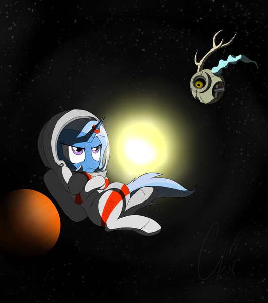 Size: 4961x5600 | Tagged: safe, artist:theravencriss, derpibooru import, discord, trixie, pony, unicorn, absurd resolution, astronaut, atg 2018, crossed hooves, newbie artist training grounds, parry gripp, personality core, portal (valve), portal 2, reference, space, space core, space unicorn, spacesuit