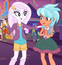 Size: 752x784 | Tagged: safe, derpibooru import, screencap, fleur-de-lis, frosty orange, leafy mint, mint chip, normal norman, rose heart, equestria girls, equestria girls series, rollercoaster of friendship, background human, cropped, duo focus, looking at each other, pointing