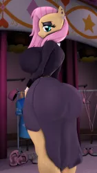Size: 2160x3840 | Tagged: 3d, anthro, artist:snuddy, ass, big breasts, breasts, busty fluttershy, clothes, derpibooru import, eyeshadow, fake it 'til you make it, female, flutterbutt, fluttergoth, fluttershy, goth, gothicc, huge breasts, huge butt, large butt, lidded eyes, looking at you, looking back, makeup, mare, sandals, shoes, solo, solo female, source filmmaker, suggestive, the ass was fat