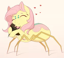 Size: 1809x1649 | Tagged: artist:evehly, cute, derpibooru import, eyes closed, floating heart, fluttershy, fly, heart, hug, monster pony, original species, safe, shyabetes, species swap, spiderpony, spidershy