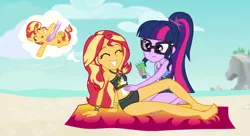 Size: 1600x868 | Tagged: safe, artist:limedazzle, derpibooru import, sci-twi, sunset shimmer, twilight sparkle, pony, equestria girls, equestria girls series, forgotten friendship, barefoot, beach, bellyrubs, bikini, black swimsuit, clothes, cloud, commission, cute, eyes closed, feet, female, geode of empathy, geode of telekinesis, glasses, ponytail, sand, shimmerbetes, show accurate, sky, smiling, sunscreen, swimsuit, towel, water, weapons-grade cute